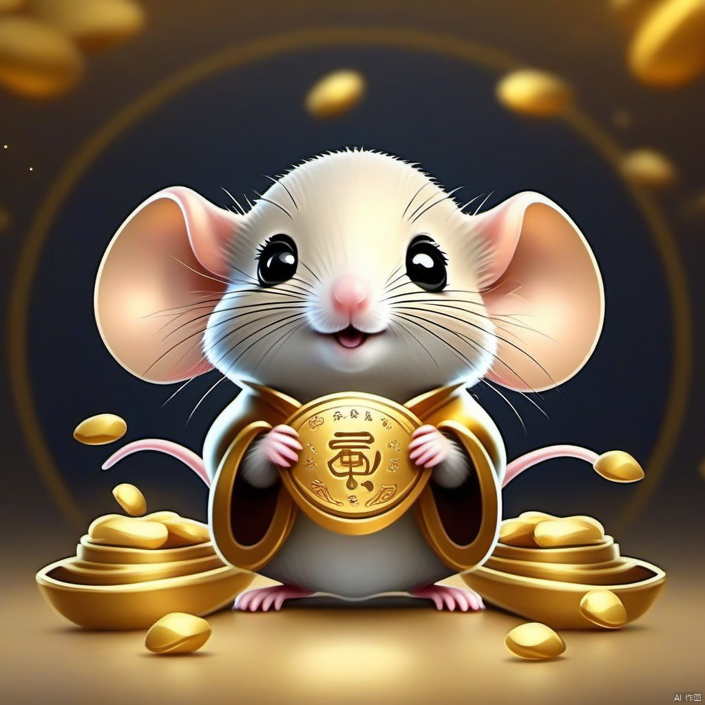 Cartoon version, cute beckoning mouse, zodiac, background blur, gold ingots