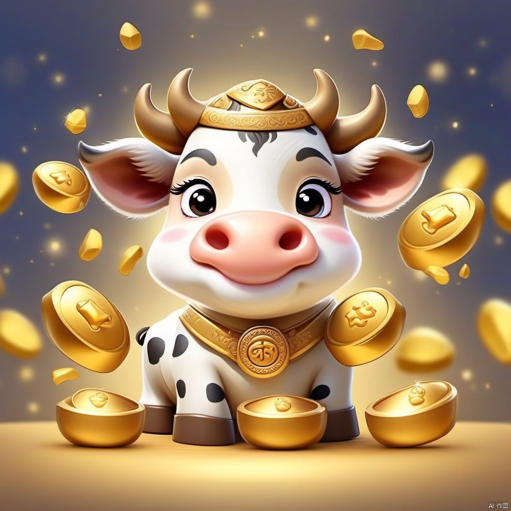 Cartoon version, cute beckoning cow, zodiac, background blur, gold ingots, festive, cattle