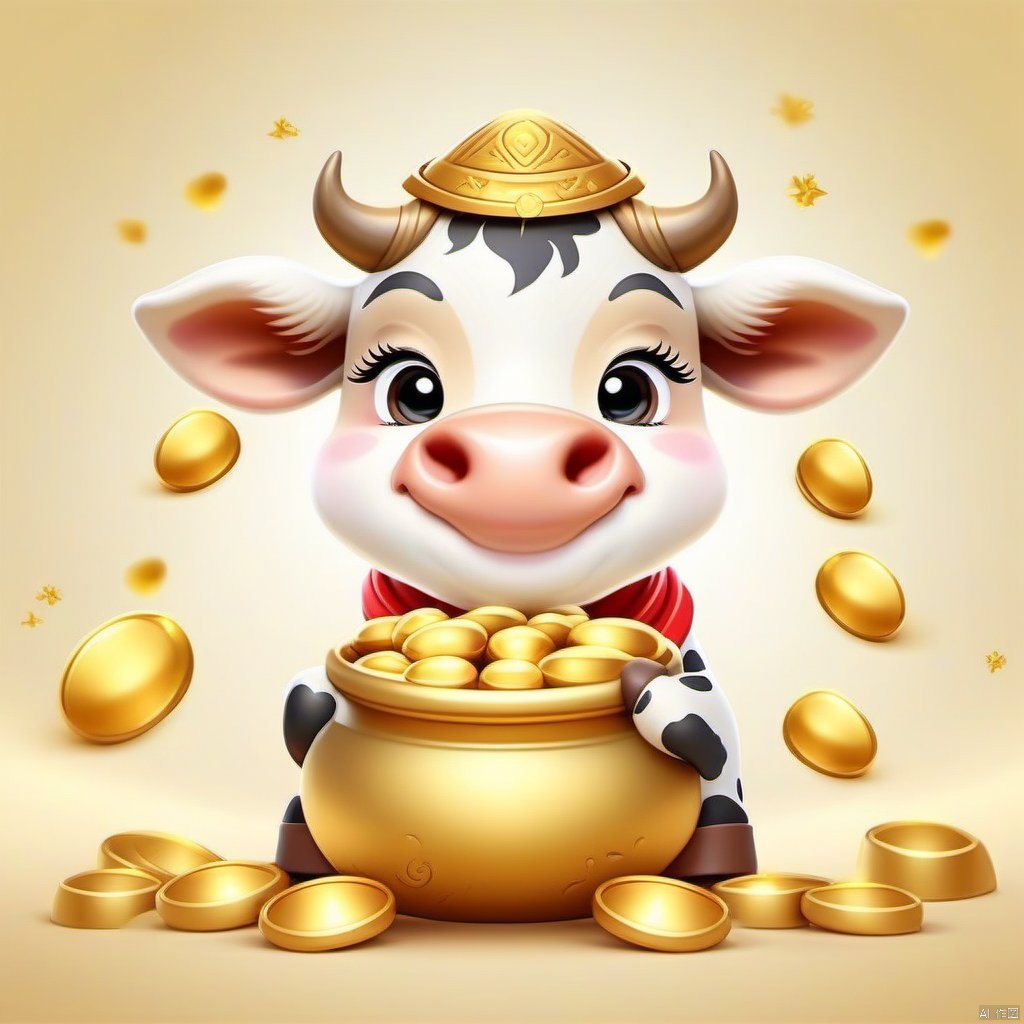 Cartoon version, cute beckoning cow, zodiac, background blur, gold ingots, festive, cattle