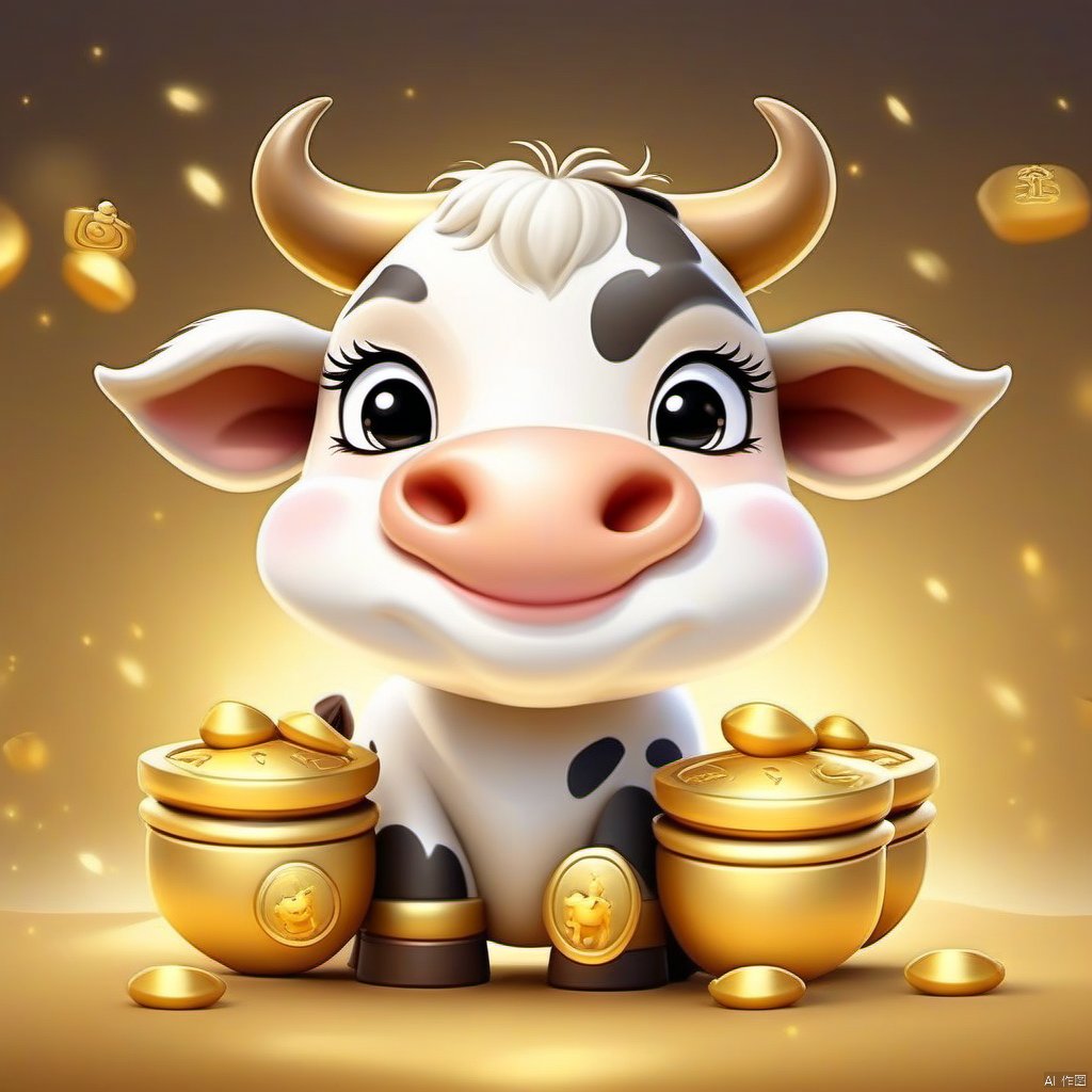 Cartoon version, cute beckoning cow, zodiac, background blur, gold ingots, festive, cattle