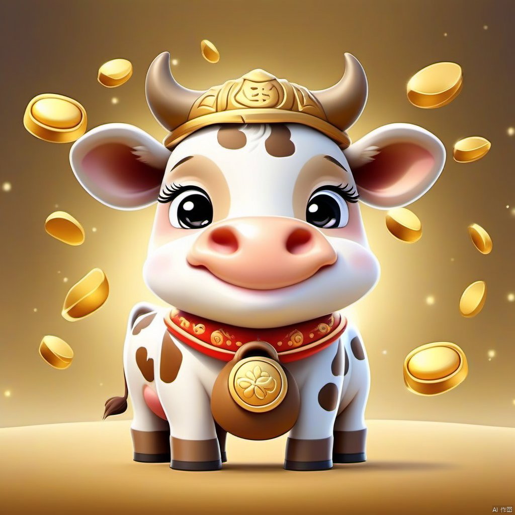 Cartoon version, cute beckoning cow, zodiac, background blur, gold ingots, festive, cattle