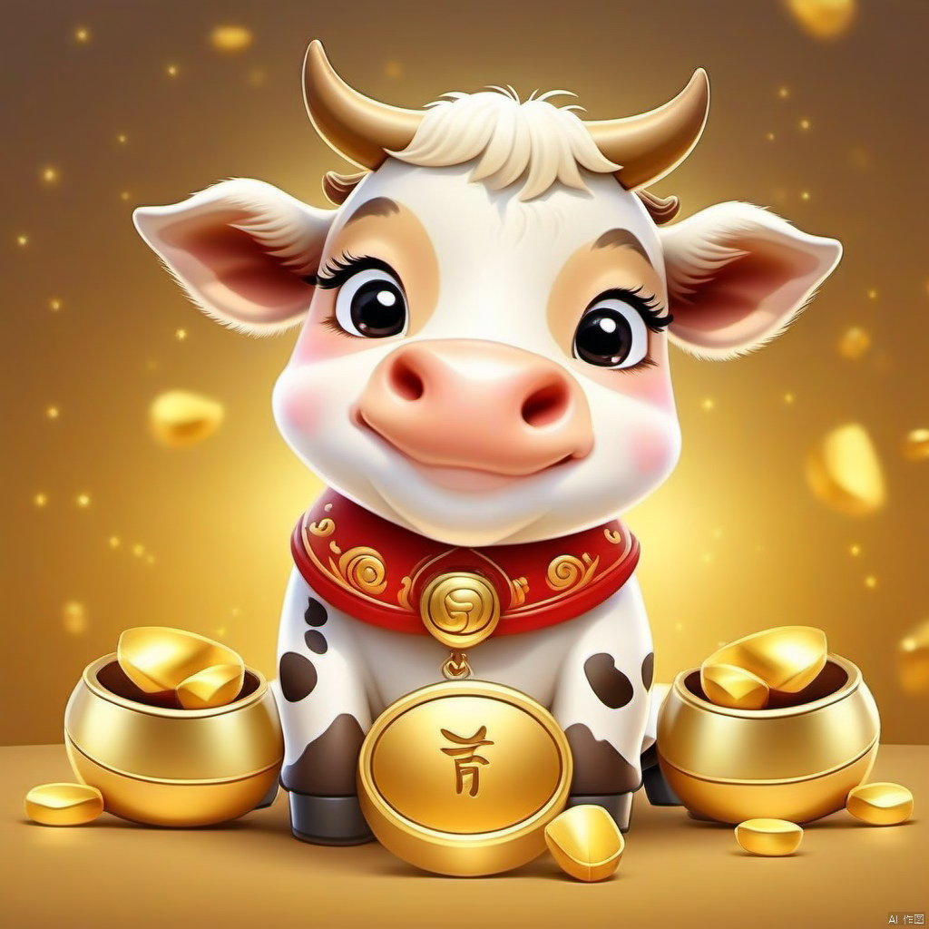 Cartoon version, cute beckoning cow, zodiac, background blur, gold ingots, festive, cattle