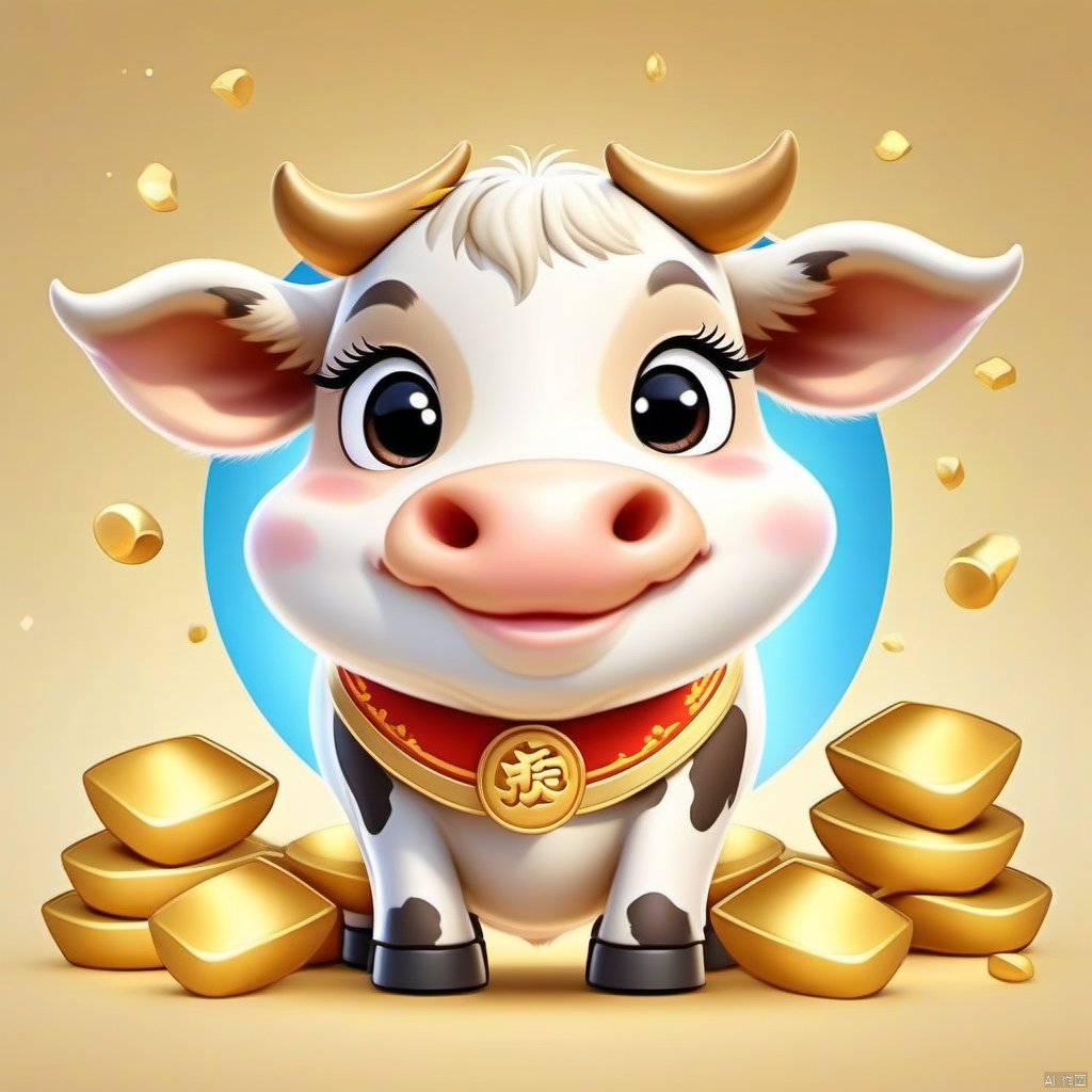 Cartoon version, cute beckoning cow, zodiac, background blur, gold ingots, festive, cattle