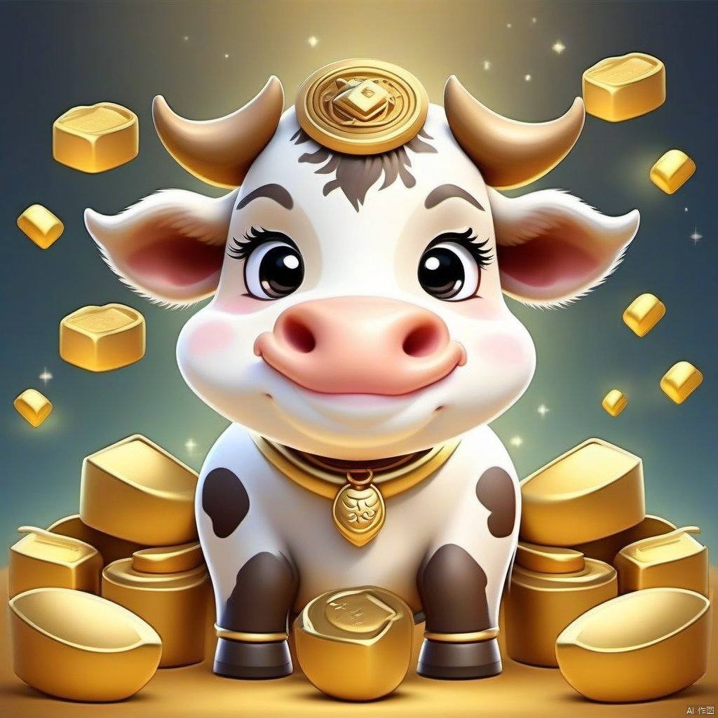 Cartoon version, cute beckoning cow, zodiac, background blur, gold ingots, festive, cattle