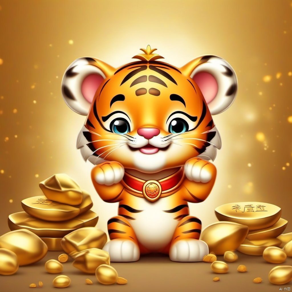 Cartoon version, cute beckoning tiger, zodiac, background blur, gold ingots, festive