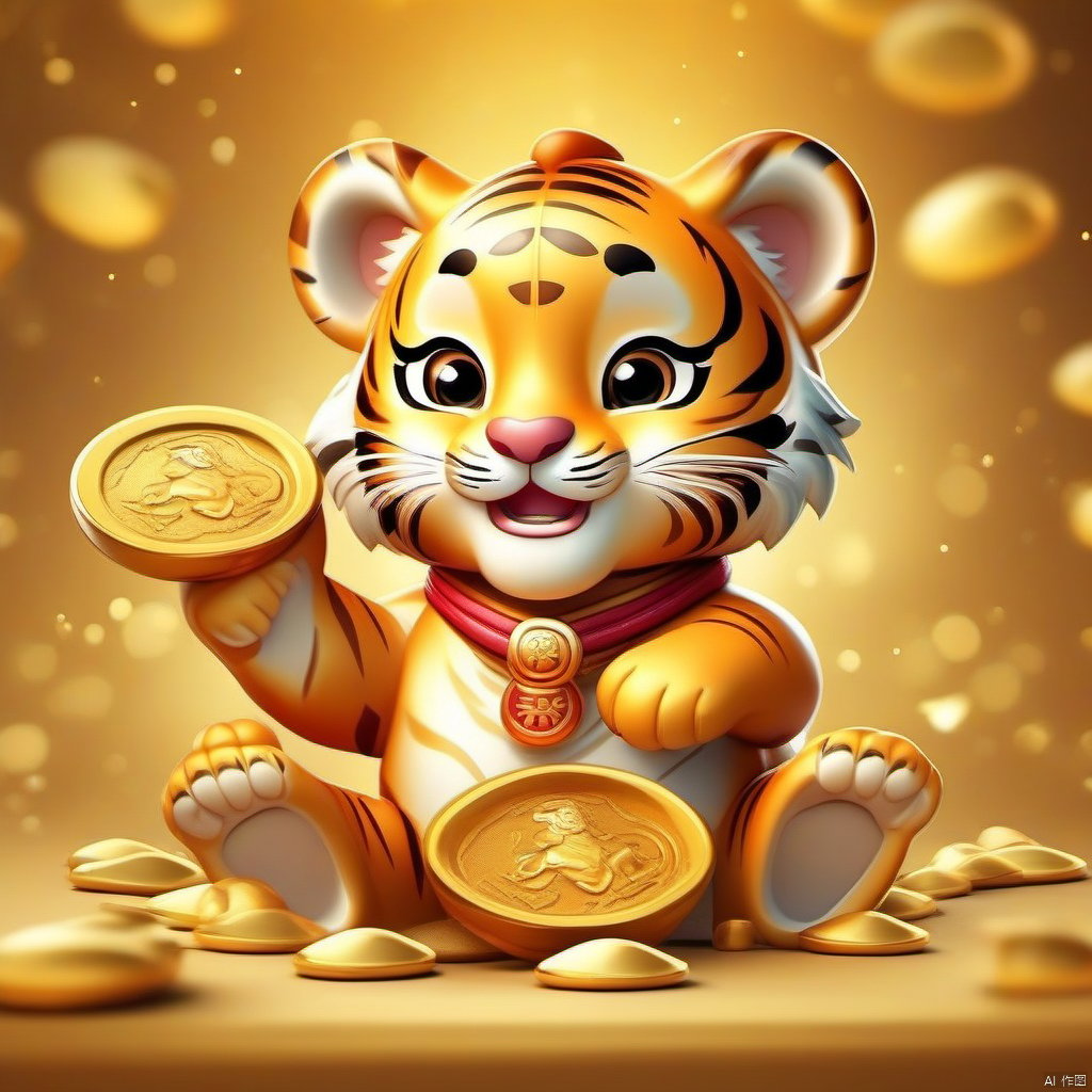 Cartoon version, cute beckoning tiger, zodiac, background blur, gold ingots, festive