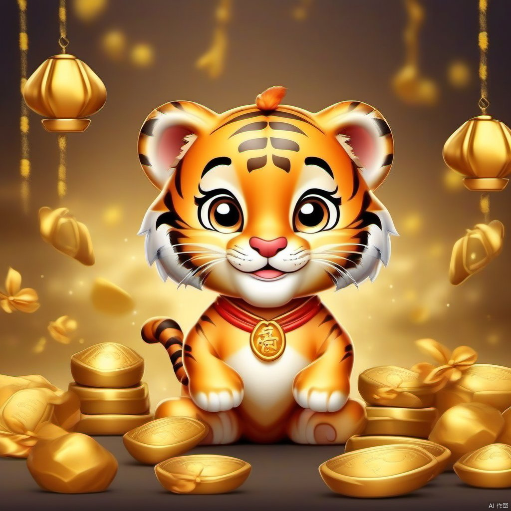 Cartoon version, cute beckoning tiger, zodiac, background blur, gold ingots, festive