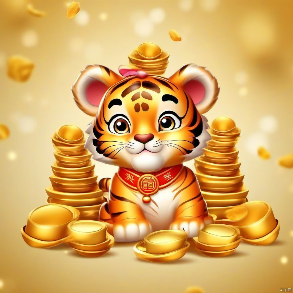 Cartoon version, cute beckoning tiger, zodiac, background blur, gold ingots, festive