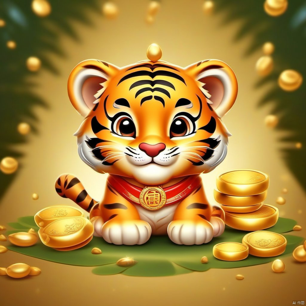 Cartoon version, cute beckoning tiger, zodiac, background blur, gold ingots, festive