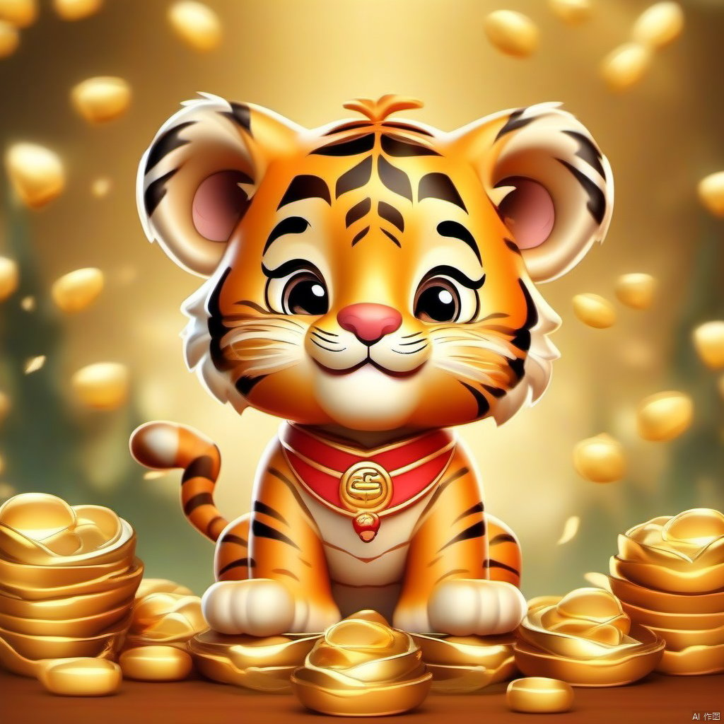 Cartoon version, cute beckoning tiger, zodiac, background blur, gold ingots, festive