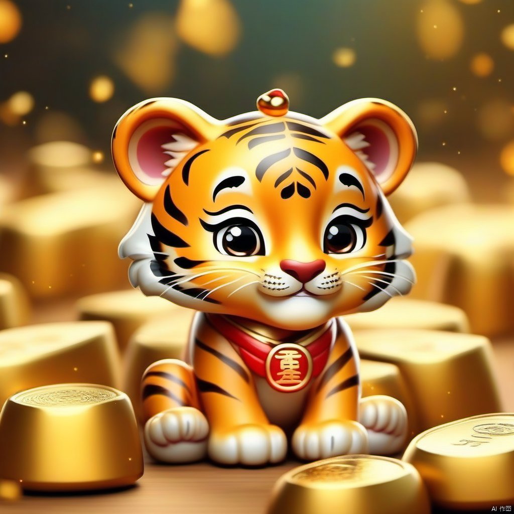 Cartoon version, cute beckoning tiger, zodiac, background blur, gold ingots, festive