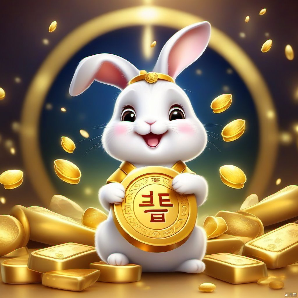 Cartoon version, cute beckoning rabbit, zodiac, background blur, gold ingots, festive