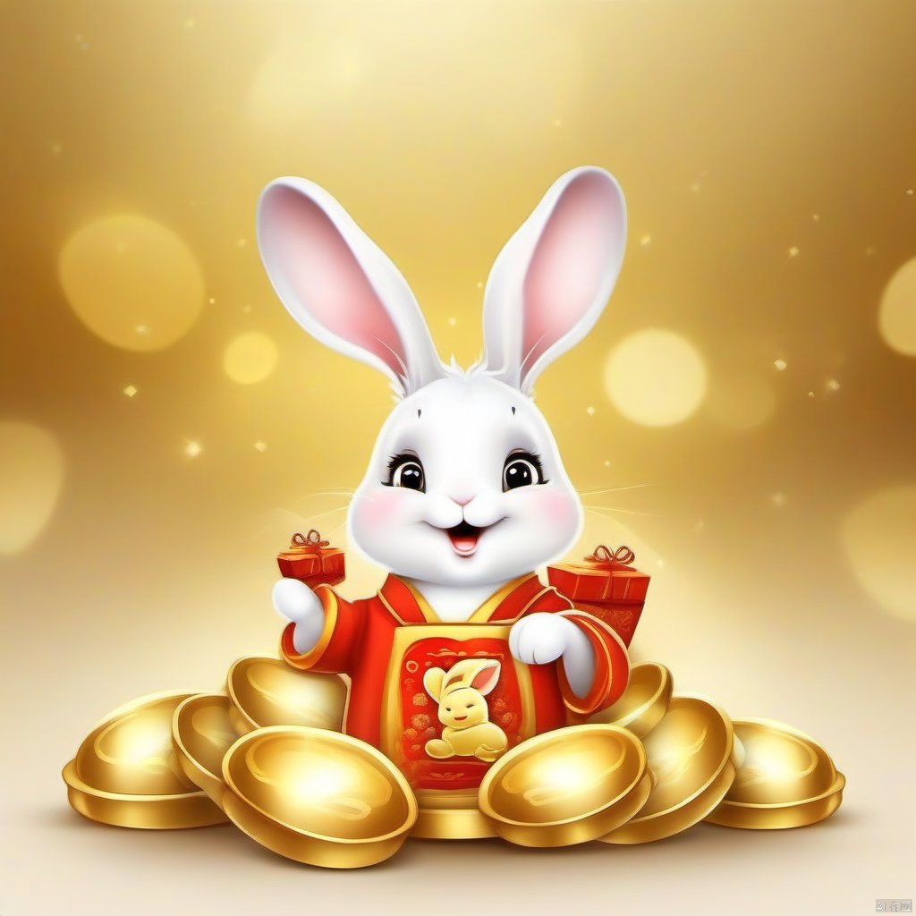 Cartoon version, cute beckoning rabbit, zodiac, background blur, gold ingots, festive