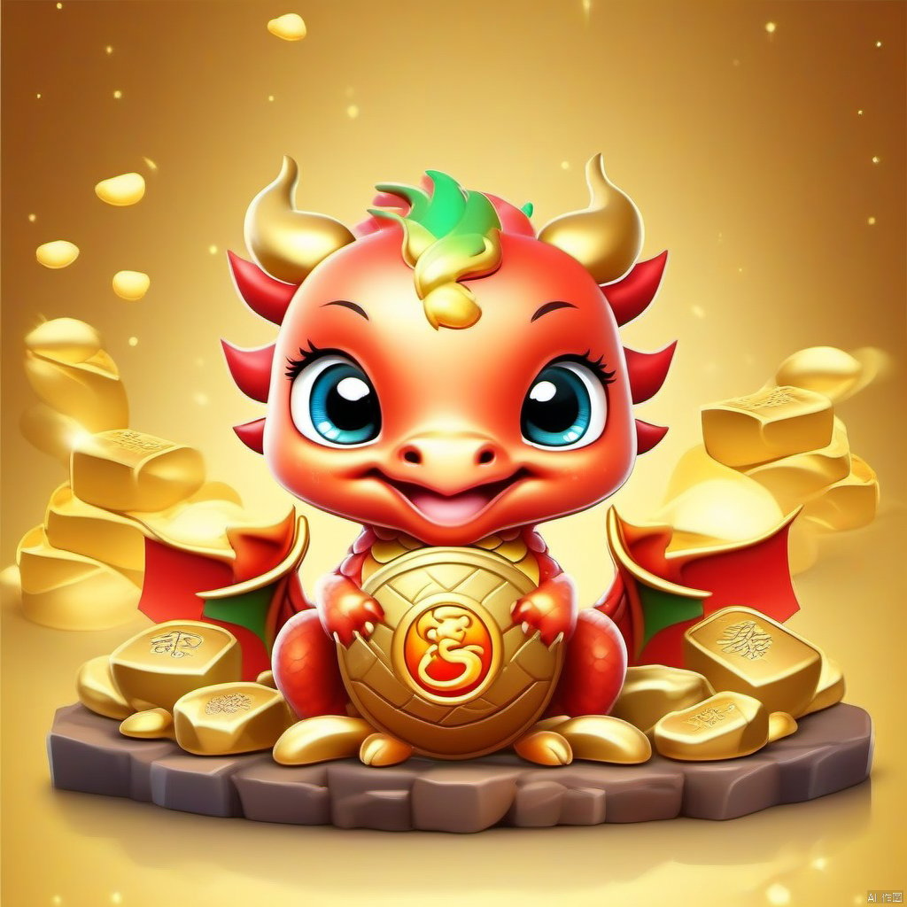 Cartoon version, cute beckoning dragon, zodiac, background blur, gold ingots, festive