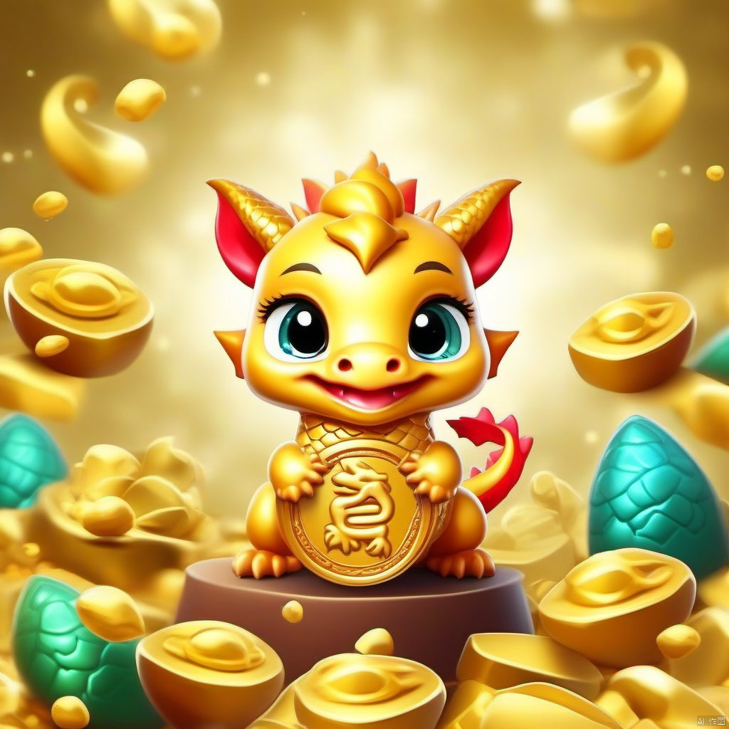 Cartoon version, cute beckoning dragon, zodiac, background blur, gold ingots, festive