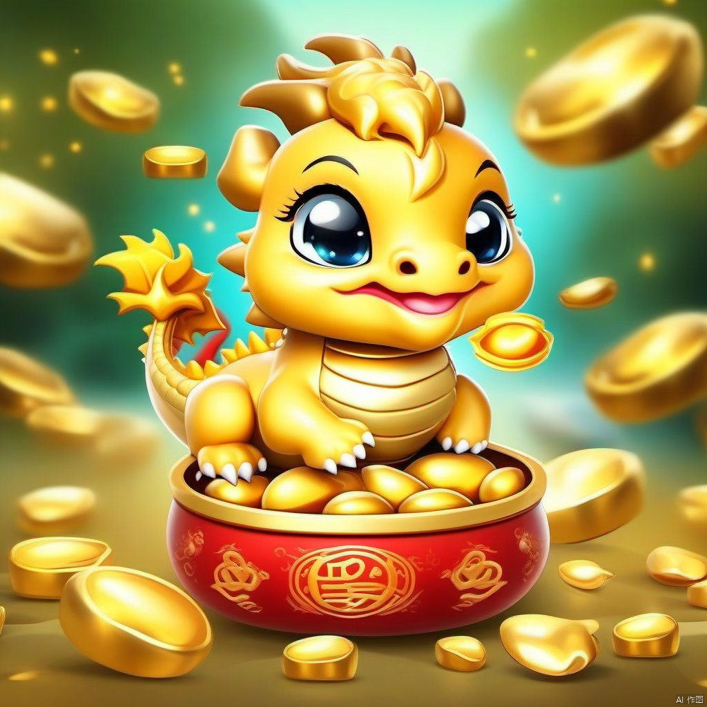 Cartoon version, cute beckoning dragon, zodiac, background blur, gold ingots, festive