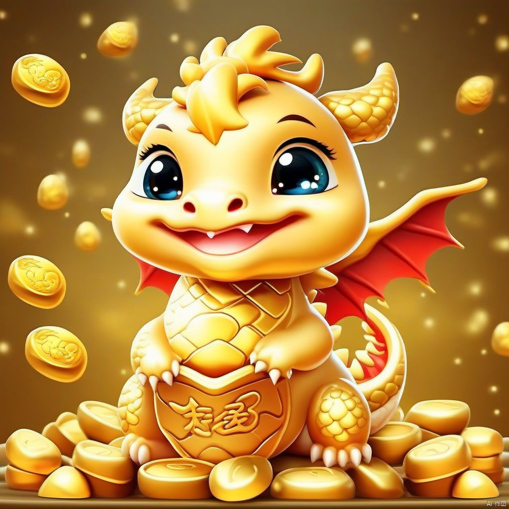 Cartoon version, cute beckoning dragon, zodiac, background blur, gold ingots, festive