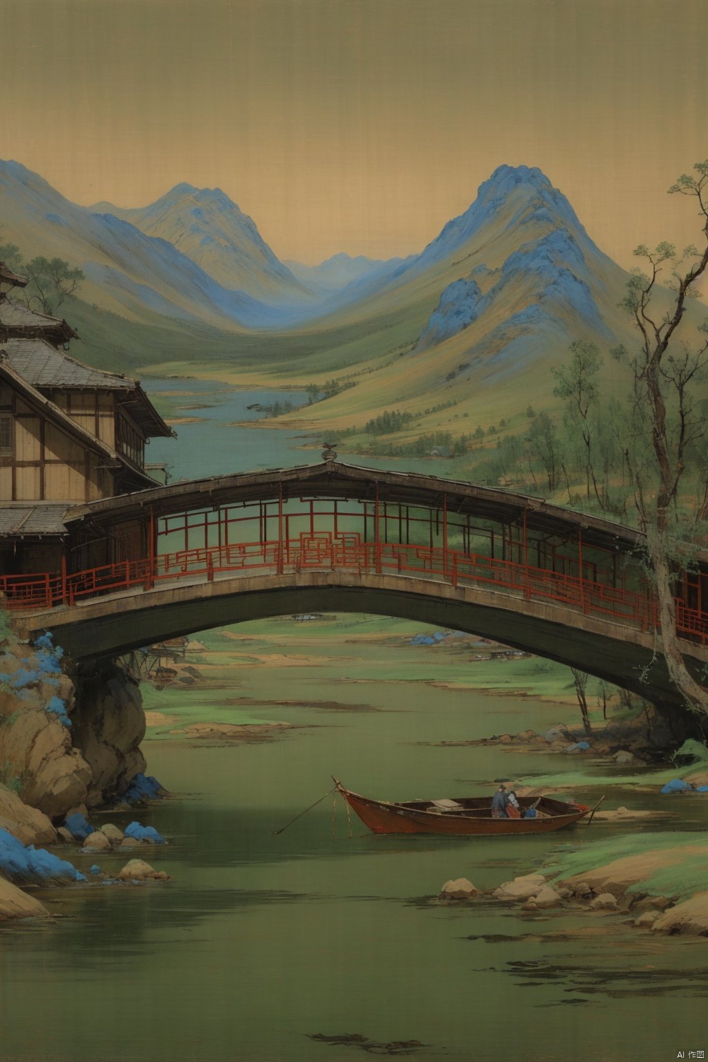 Chinese landscape painting,
ancient Chinese architecture,
mountains and rivers,
river,
plant,
Sky,
ancient wooden boat,
Thousands of Miles of Rivers and Mountains,
bridge