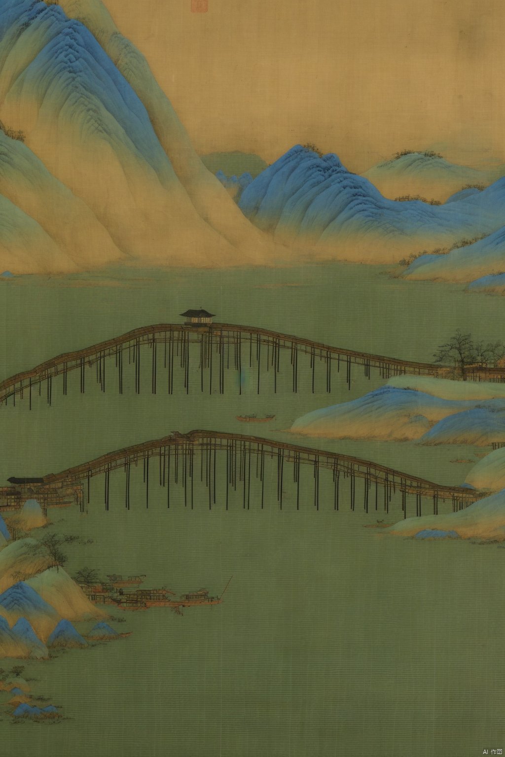 Chinese landscape painting,
ancient Chinese architecture,
mountains and rivers,
river,
plant,
Sky,
ancient wooden boat,
Thousands of Miles of Rivers and Mountains,
bridge