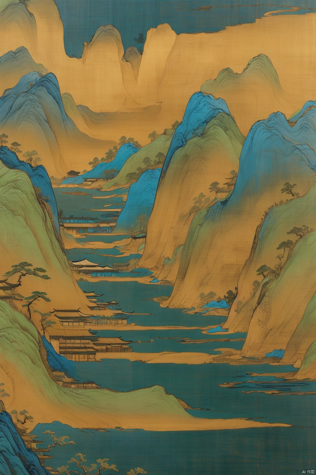 Chinese landscape painting,
ancient Chinese architecture,
mountains and rivers,
river,
plant,
Sky,
ancient wooden boat,
Thousands of Miles of Rivers and Mountains,
bridge