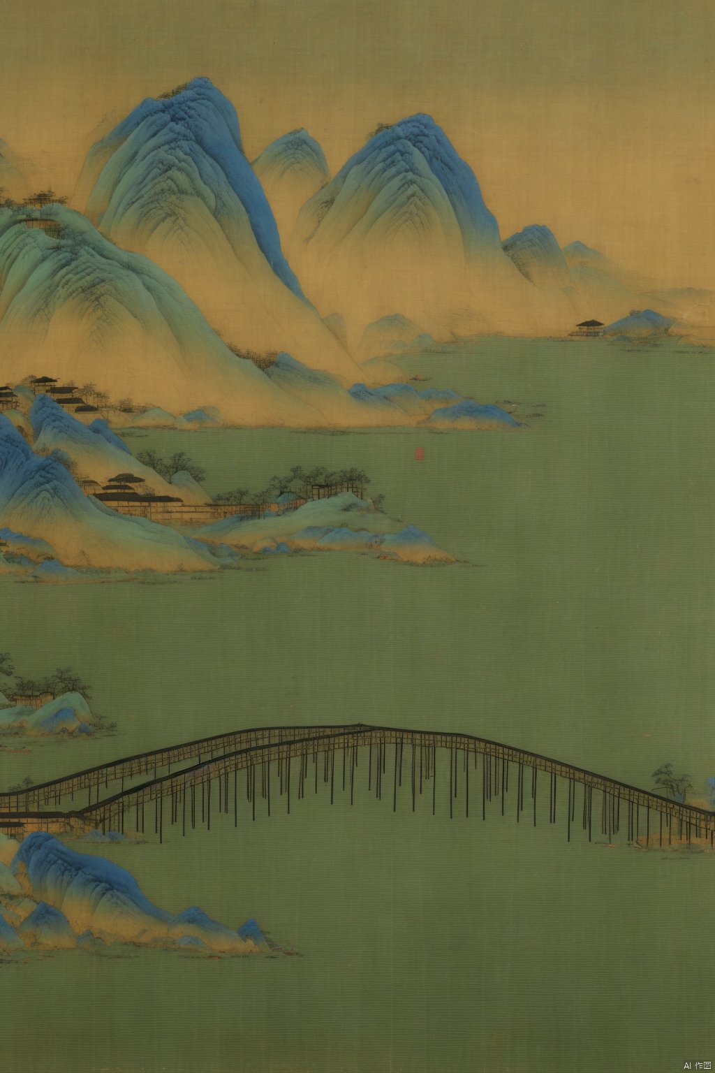 Chinese landscape painting,
ancient Chinese architecture,
mountains and rivers,
river,
plant,
Sky,
ancient wooden boat,
Thousands of Miles of Rivers and Mountains,
bridge