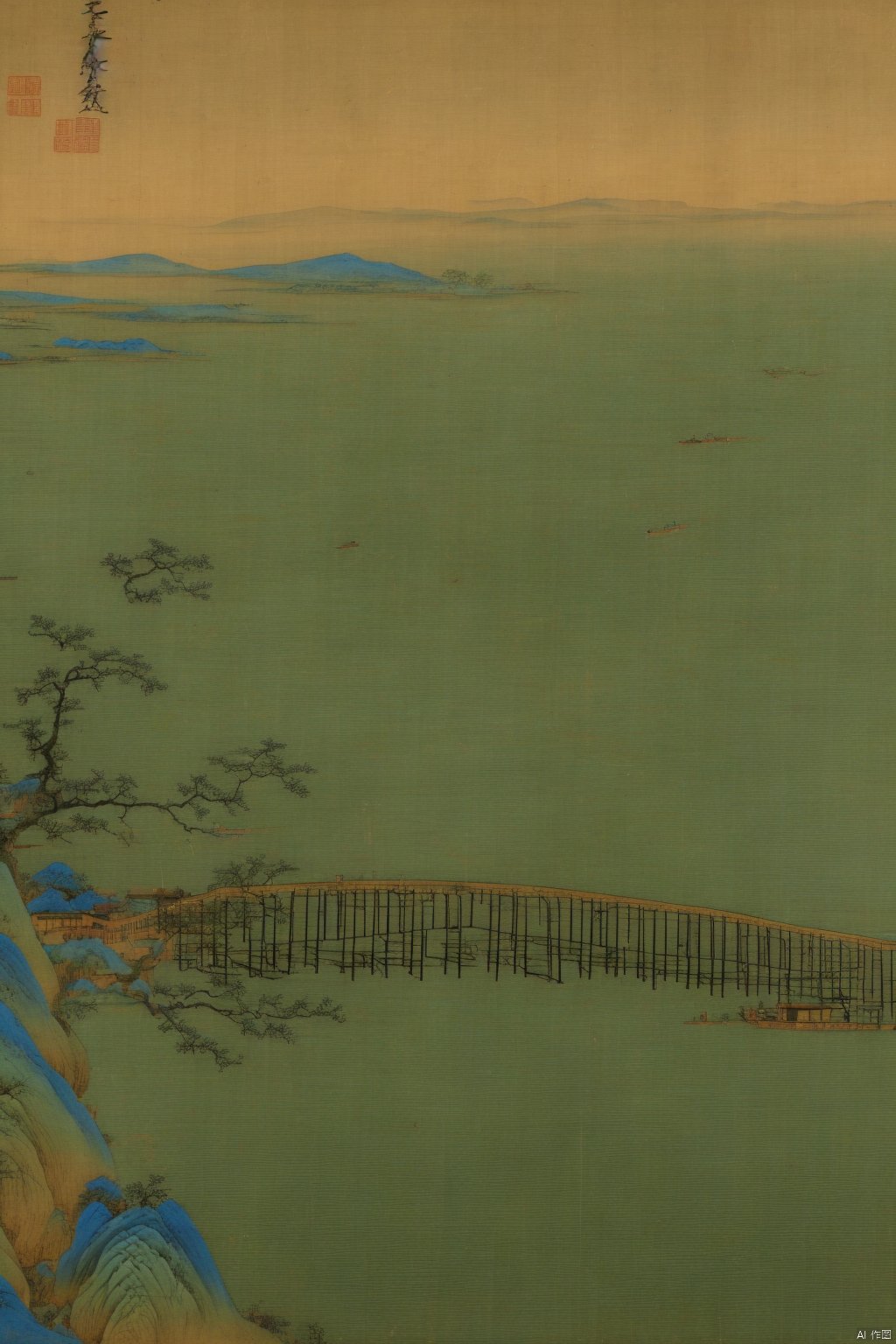 Chinese landscape painting,
ancient Chinese architecture,
mountains and rivers,
river,
plant,
Sky,
ancient wooden boat,
Thousands of Miles of Rivers and Mountains,
bridge