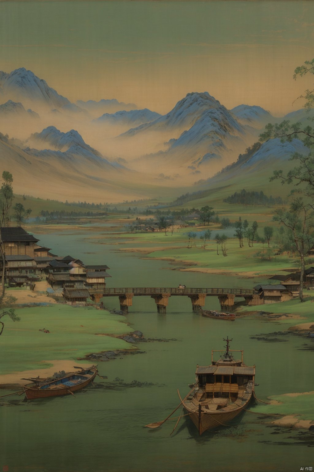 Chinese landscape painting,
ancient Chinese architecture,
mountains and rivers,
river,
plant,
Sky,
ancient wooden boat,
Thousands of Miles of Rivers and Mountains,
bridge