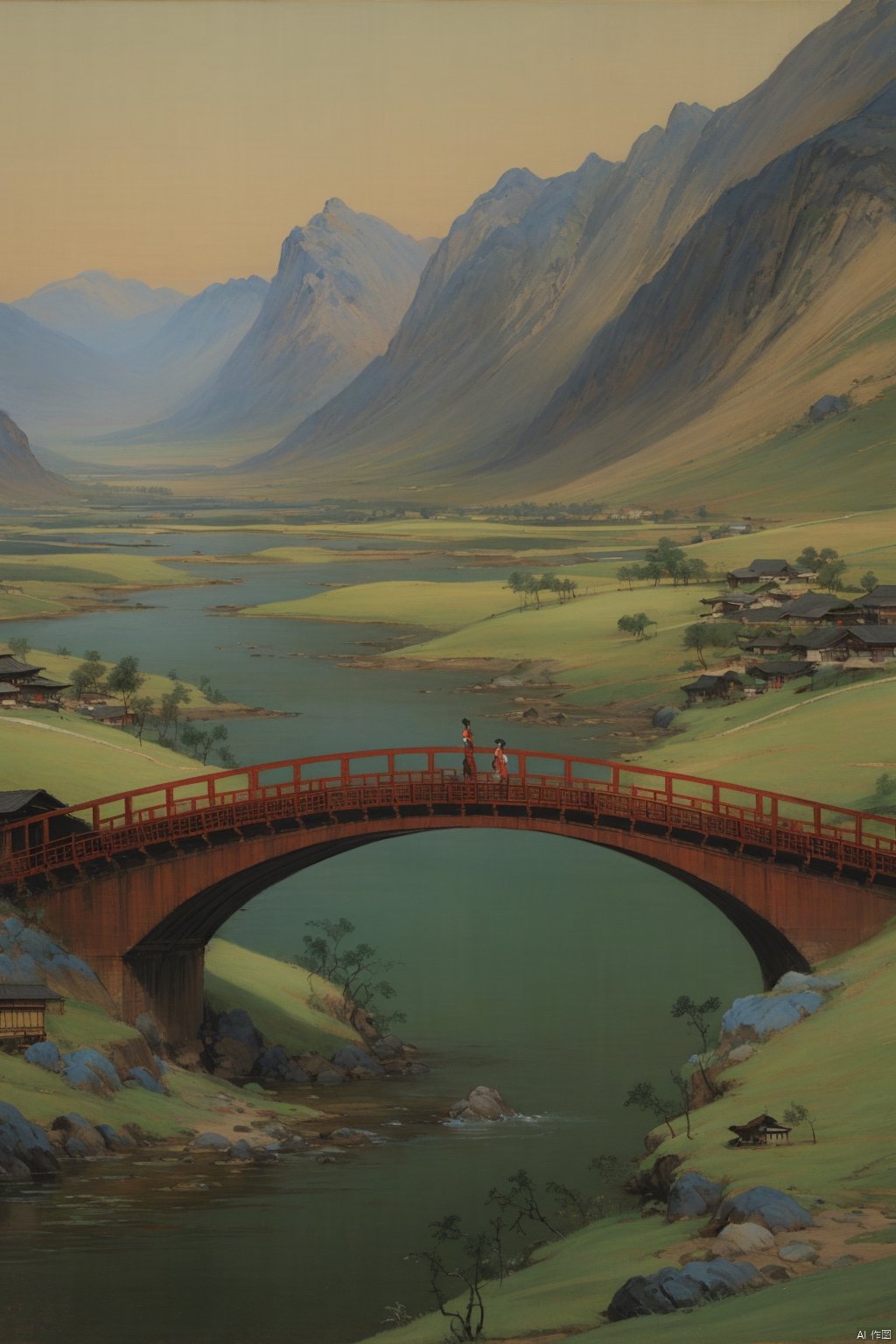 Chinese landscape painting,
ancient Chinese architecture,
mountains and rivers,
river,
plant,
Sky,
ancient wooden boat,
Thousands of Miles of Rivers and Mountains,
bridge