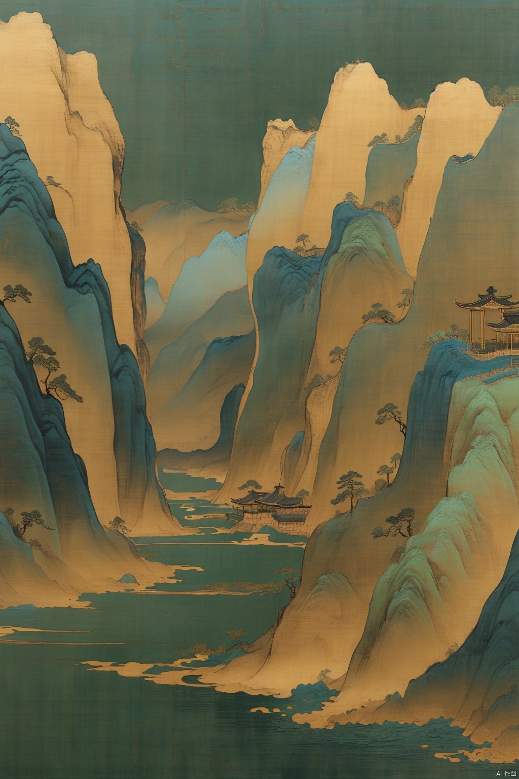 Chinese landscape painting,
ancient Chinese architecture,
mountains and rivers,
river,
plant,
Sky,
ancient wooden boat,
Thousands of Miles of Rivers and Mountains,
bridge