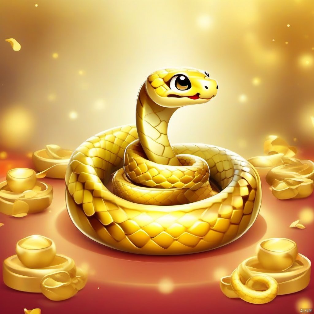 Cartoon version, cute beckoning snake, zodiac, background blur, gold ingots, festive, snake