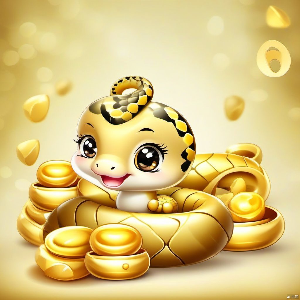 Cartoon version, cute beckoning snake, zodiac, background blur, gold ingots, festive, snake