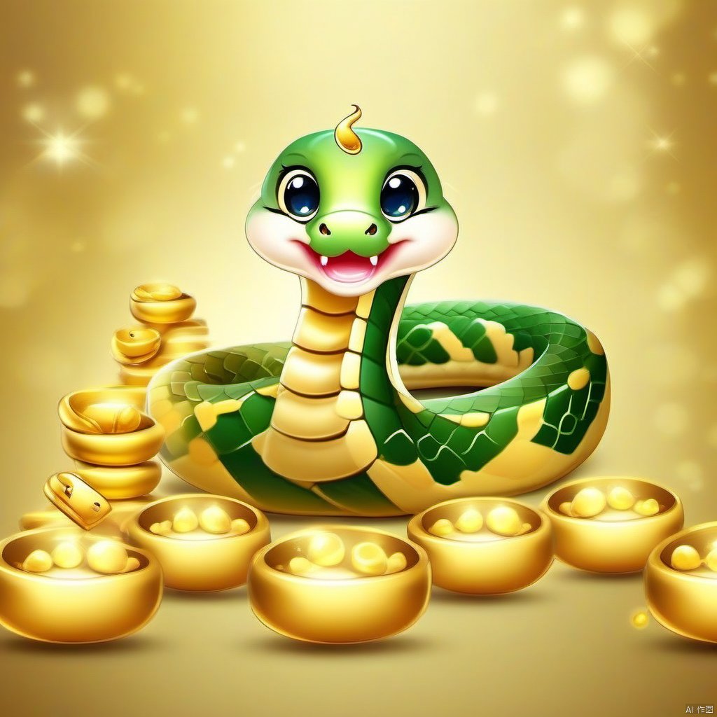 Cartoon version, cute beckoning snake, zodiac, background blur, gold ingots, festive, snake