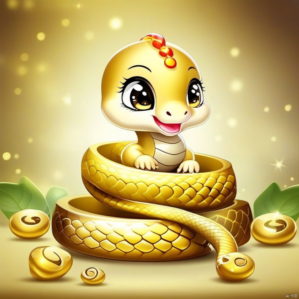 Cartoon version, cute beckoning snake, zodiac, background blur, gold ingots, festive, snake