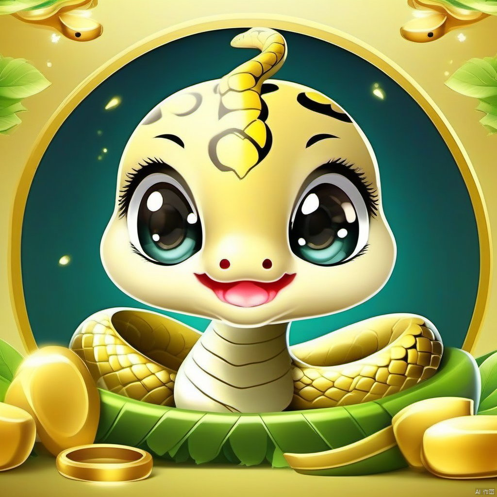 Cartoon version, cute beckoning snake, zodiac, background blur, gold ingots, festive, snake