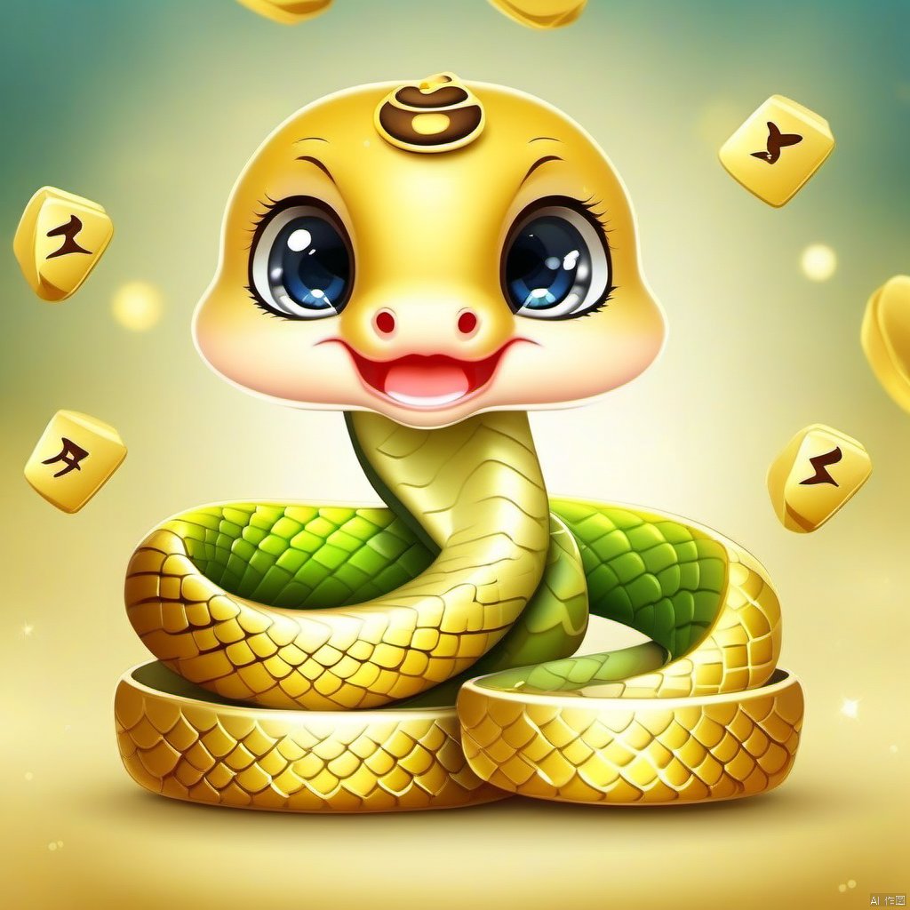 Cartoon version, cute beckoning snake, zodiac, background blur, gold ingots, festive, snake