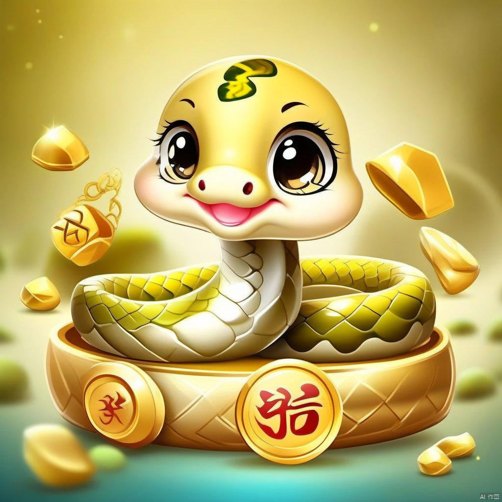 Cartoon version, cute beckoning snake, zodiac, background blur, gold ingots, festive, snake