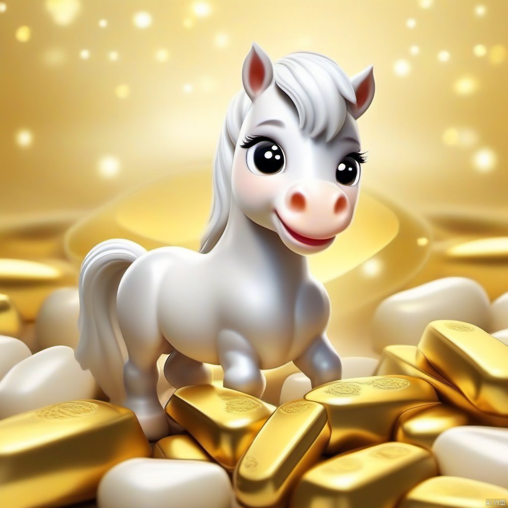 Cartoon version, cute beckoning horse, white horse, zodiac, background blur, gold ingots, festive