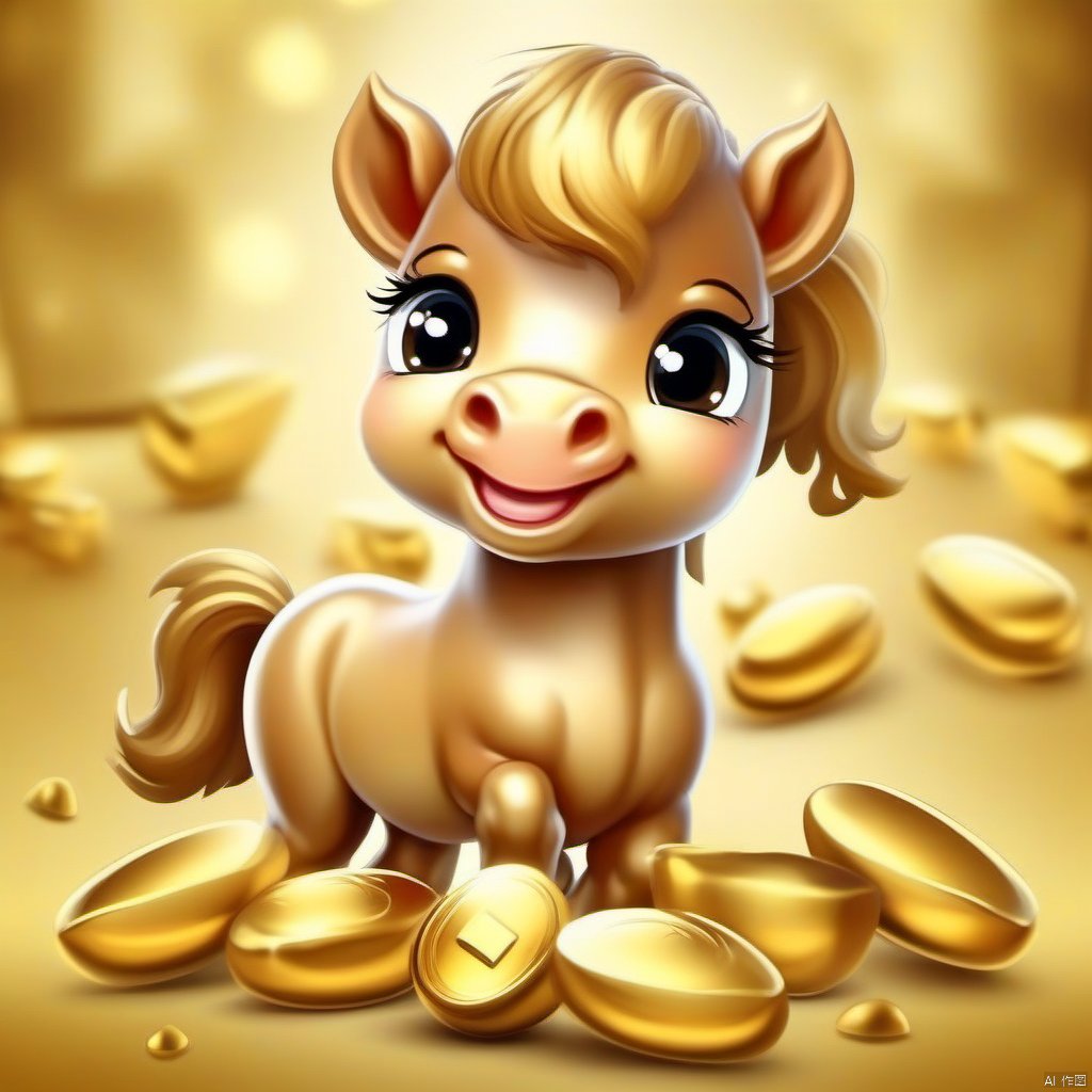 Cartoon version, cute beckoning horse, zodiac, background blur, gold ingots, festive