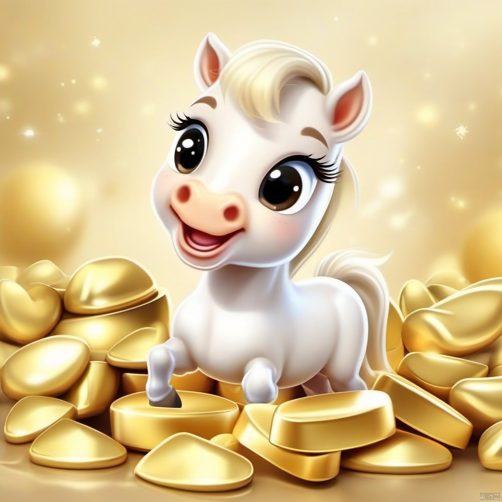 Cartoon version, cute beckoning horse, white horse, zodiac, background blur, gold ingots, festive