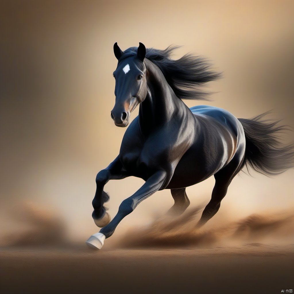 A galloping black horse