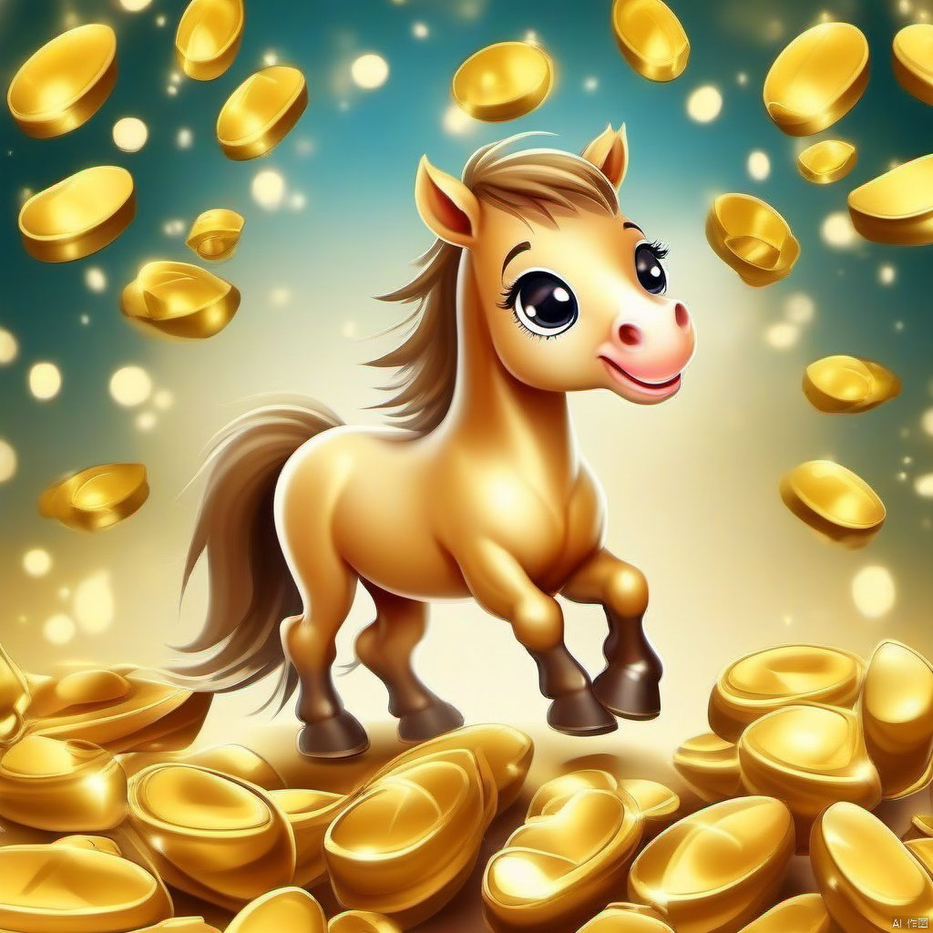 Cartoon version, cute beckoning horse, zodiac, background blur, gold ingots, festive