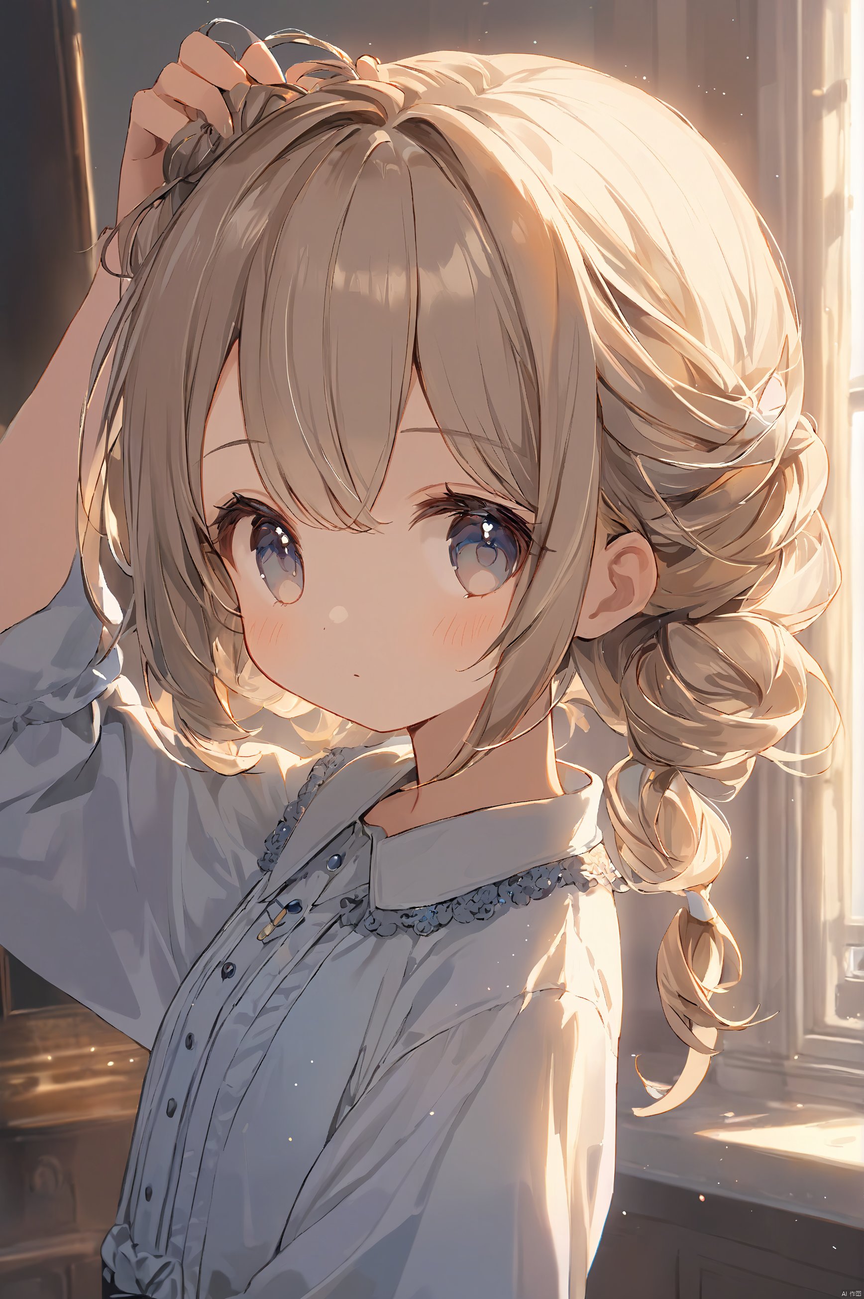 1girl,loli,cute,adjusting hair,masterpiece,best quality,very aesthetic,extremely detailed