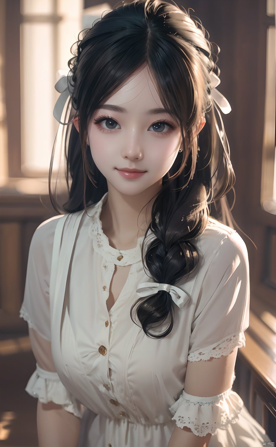 masterpiece,8k,best quality,1girl,solo,((depth of field)),bowknot,long hair,light,room,white ribbon