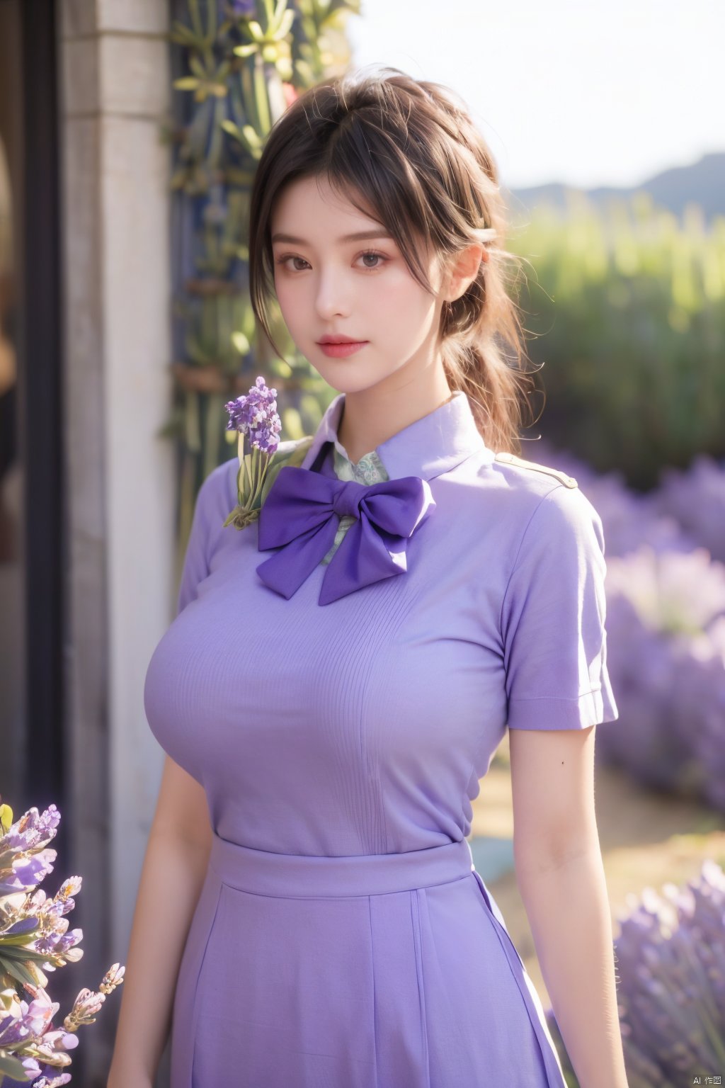  (Realistic), masterpiece, best quality, cinematic lighting, natural shadows, highest detail, looking at the audience,1 girl, cute girl photo, faint smile, charming, 25 years old, flip hair. With side light, (red stewardess uniform:1.39), dynamic modeling,(big breasts:1.59),(Lavender flowers in Provence, France:1.59)