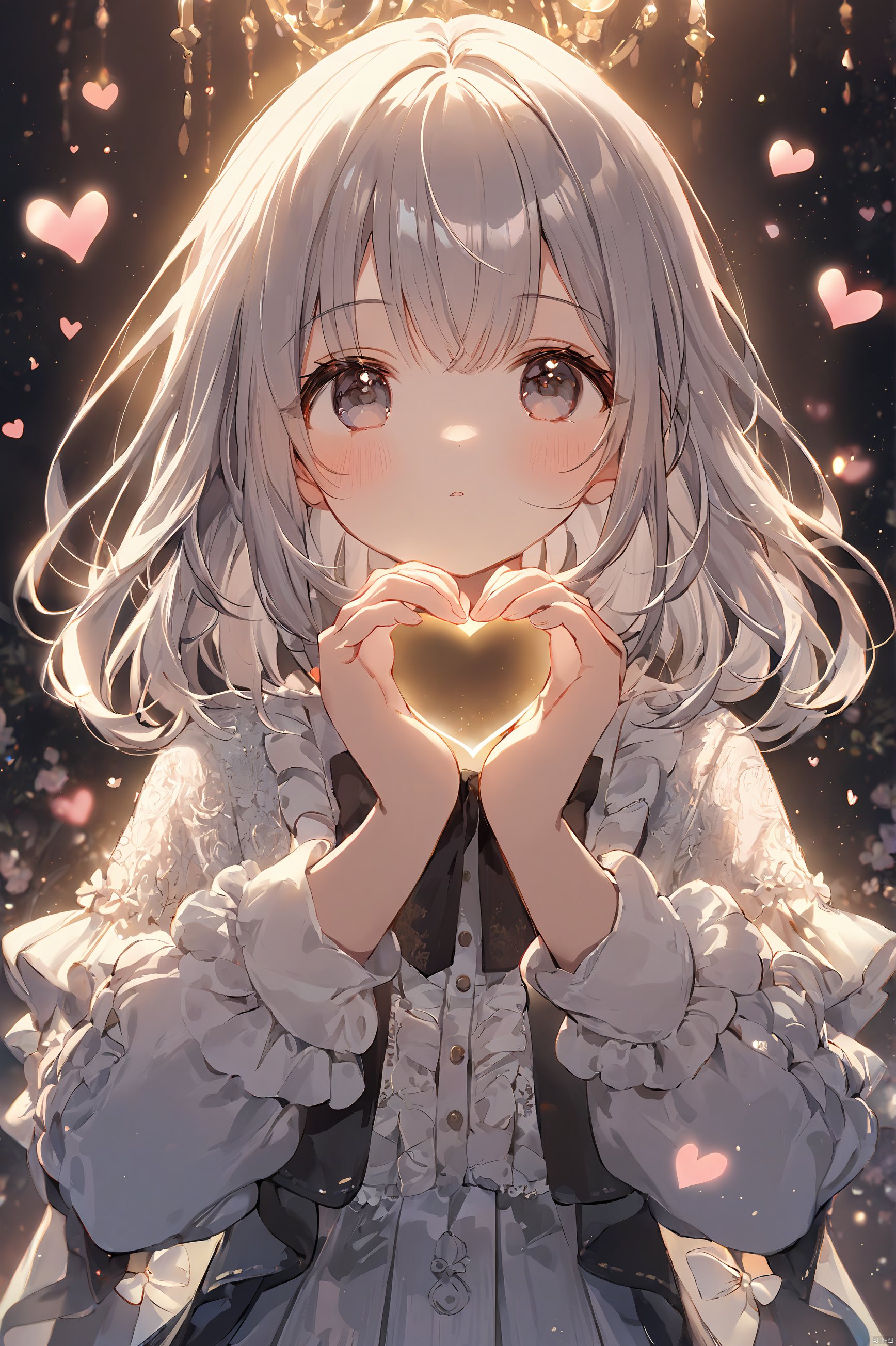 1girl,loli,cute,Heart hands,ray,masterpiece,best quality,very aesthetic,extremely detailed