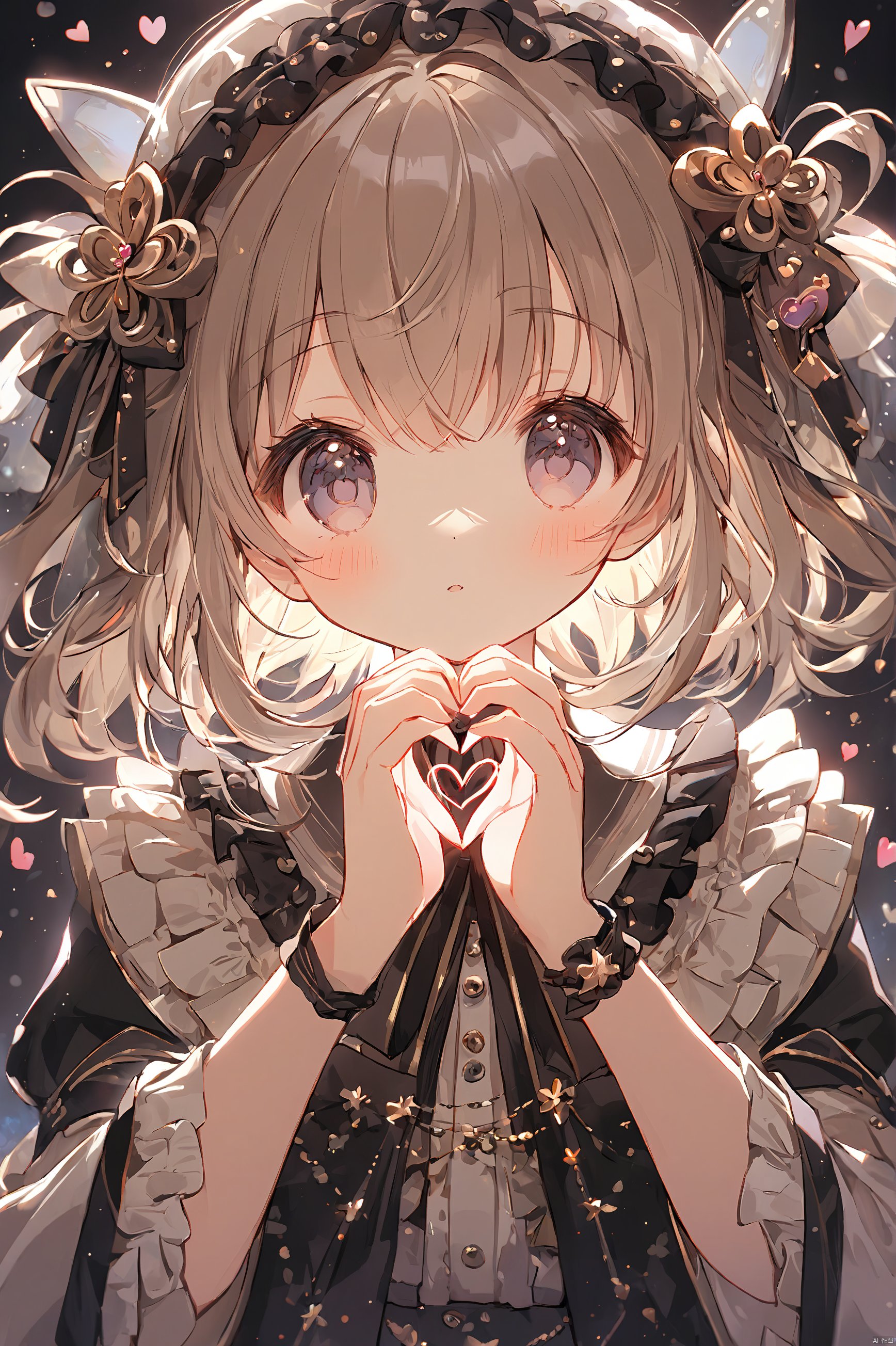 1girl,loli,cute,Heart hands,ray,masterpiece,best quality,very aesthetic,extremely detailed