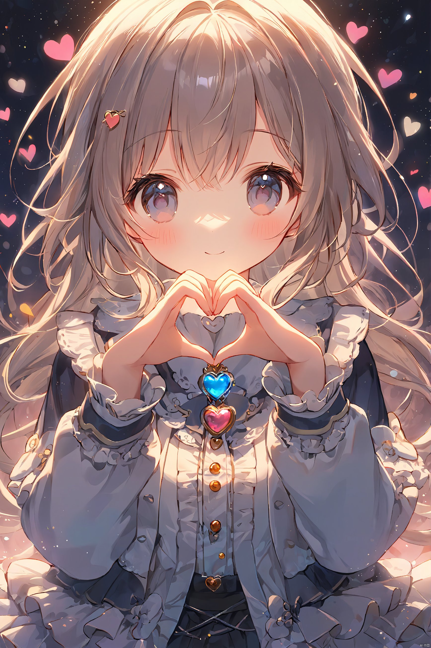 1girl,loli,cute,Heart hands,ray,masterpiece,best quality,very aesthetic,extremely detailed