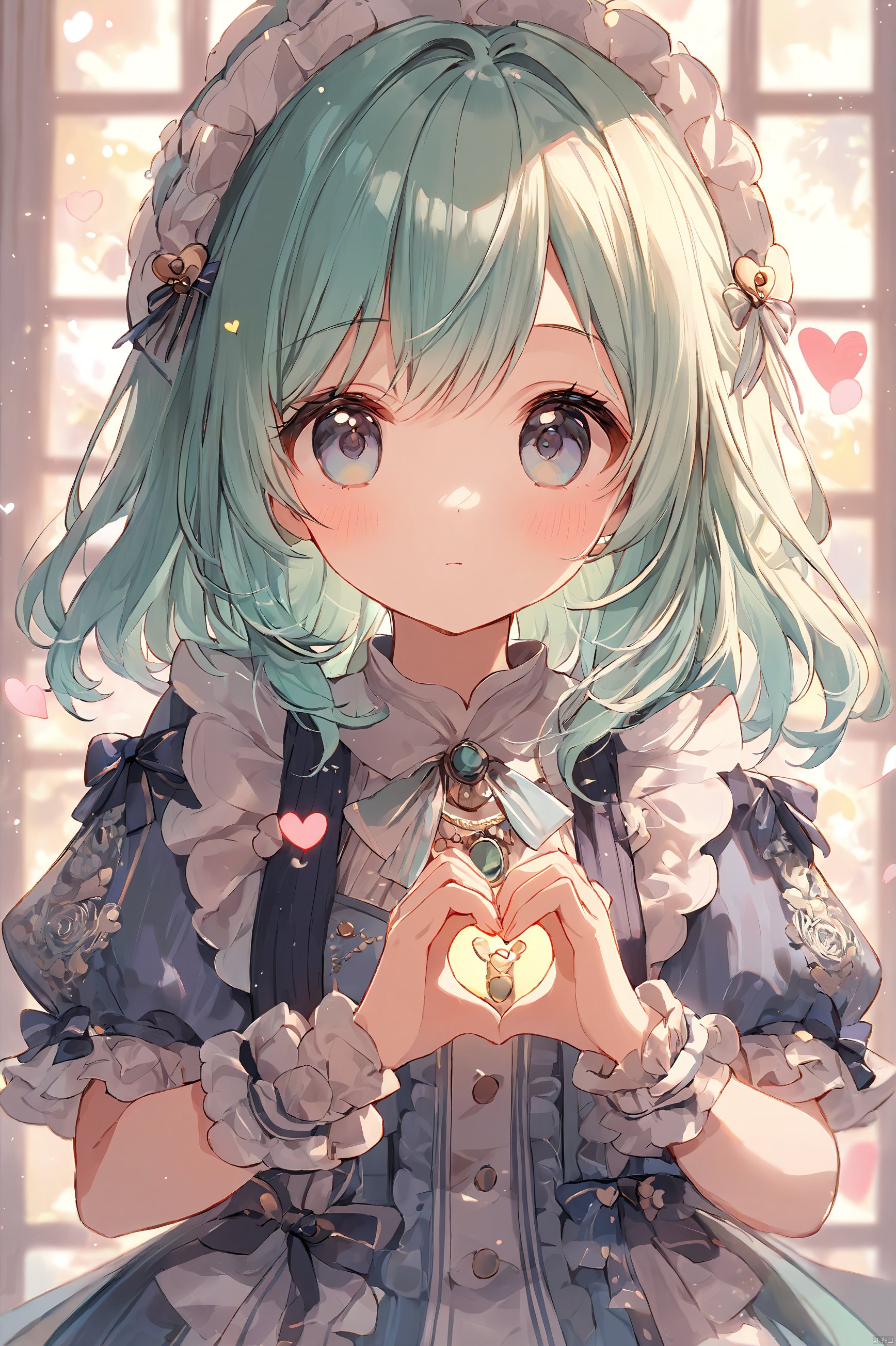 1girl,loli,cute,Heart hands,ray,masterpiece,best quality,very aesthetic,extremely detailed