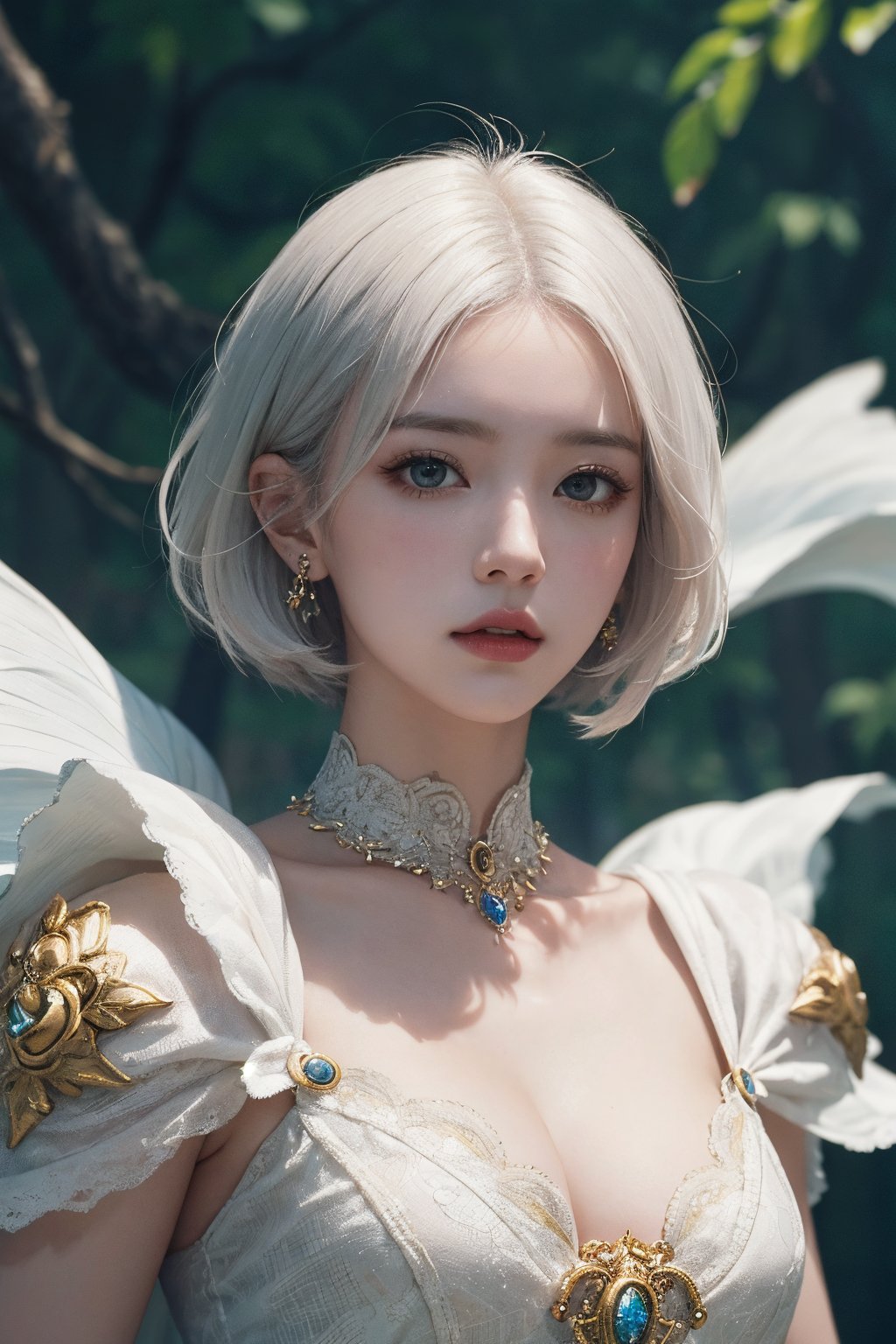 short white hair, 1girl, accessories, piercing, intricate background, fantasy, mythical, misterious, masterpiece, best quality, dynamic angle, cinematic composition, detailed face
