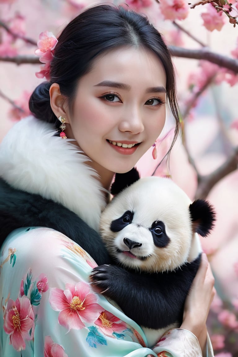 (best quality,masterpiece,highres,8K,raw image),ultra detailed, realistic detailed, hyper realistic, Generate hyper realistic image of a beautiful Chinese young woman cuddling a stuffed panda, flowy black hair, eye contact, kind smile, realistic detailed glowing floral outfits, expressive jewelry, bliss, joyful, well lit abstract art background,colorful,FlowerStyle,NYFlowerGirl,xxmixgirl,